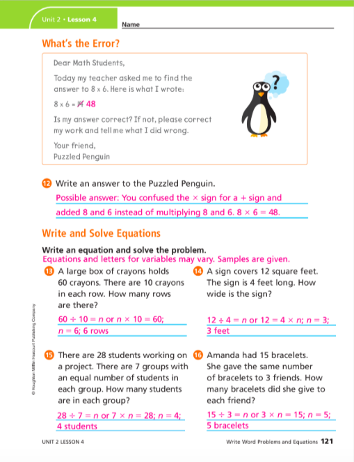 unit_2_lesson_4_page_121 Math Expressions Homework And Remembering Grade 4 Answer Key